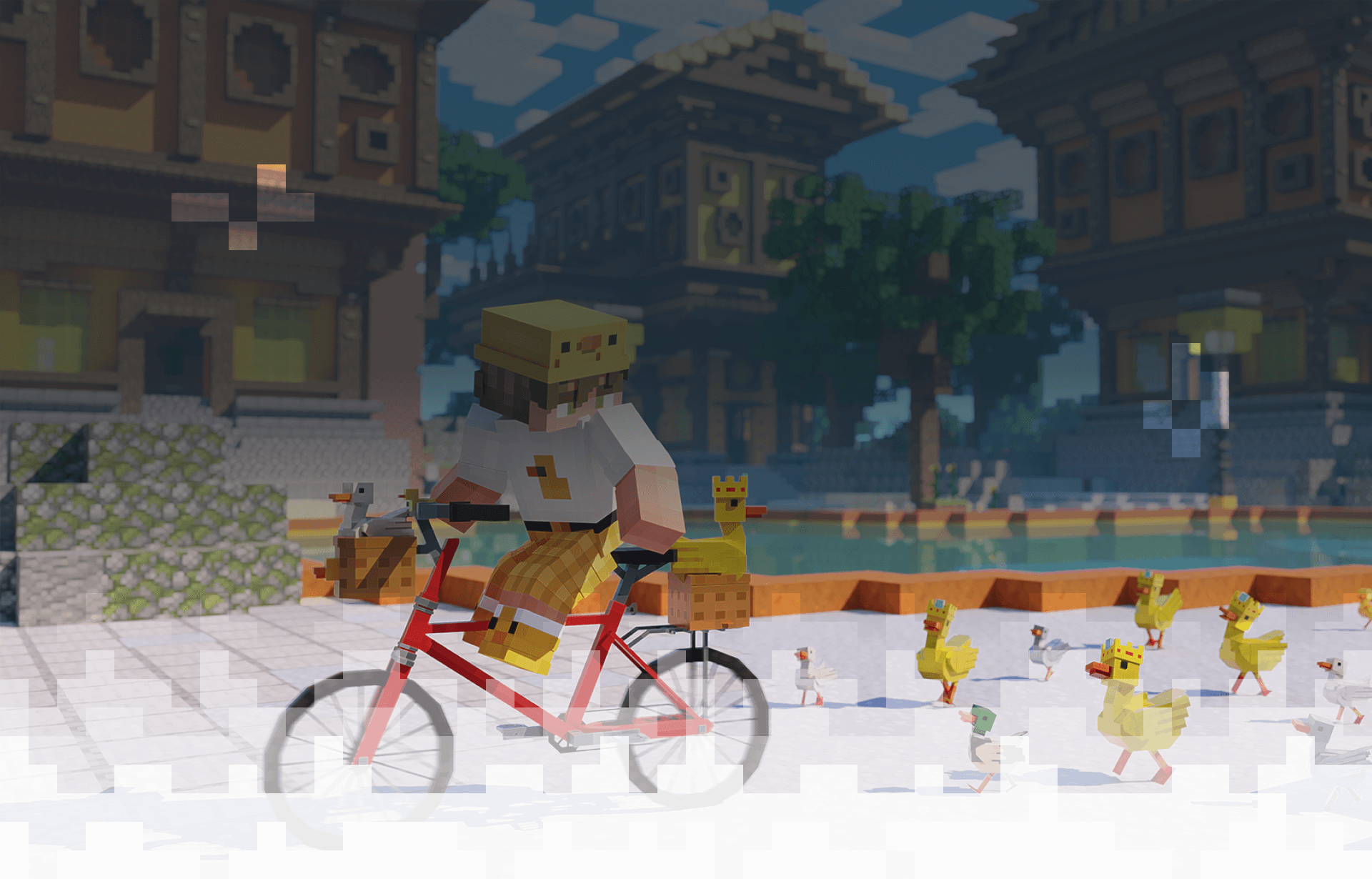 Minecraft render with a biker and ducks following.