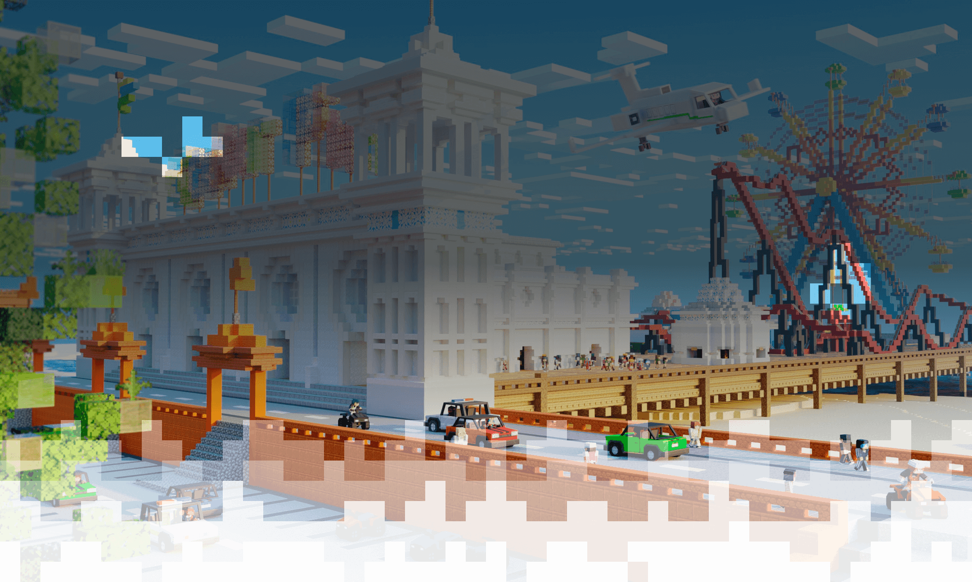 Minecraft city render with a carnival in the background.
